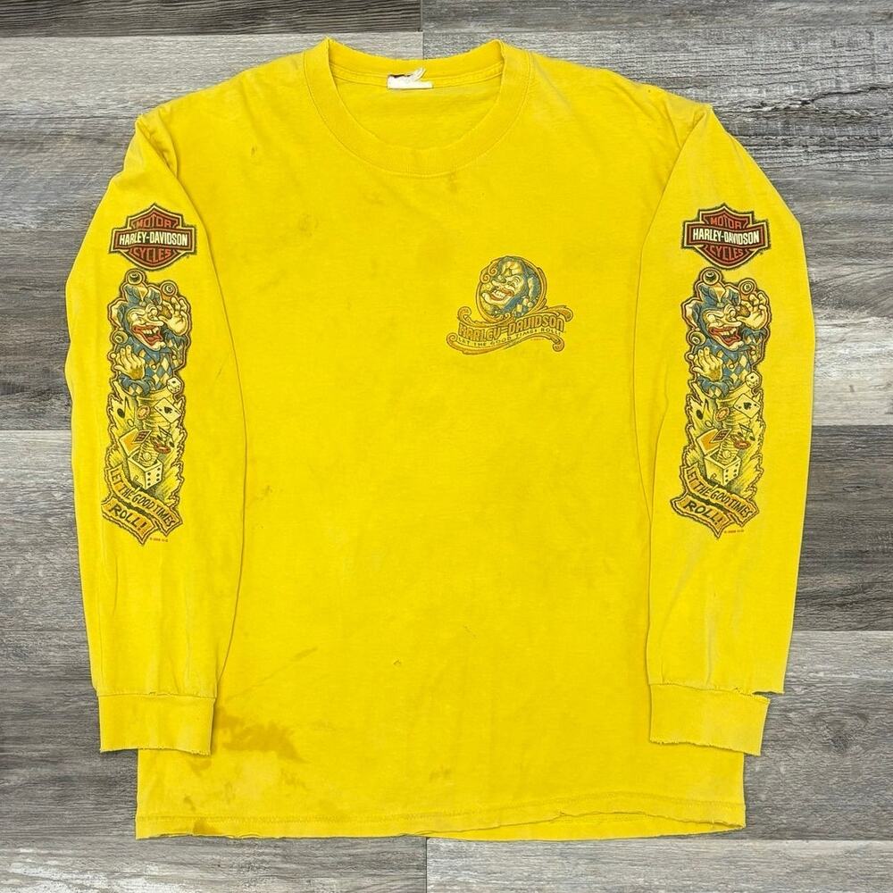 2000s Harley Davidson Jester Jack Sleeve Beach‎ FL Yellow Mens L T-Shirt Y2K